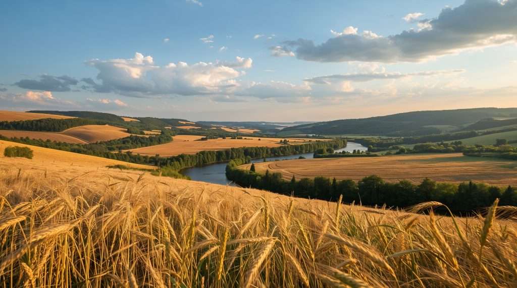 Rolling fields of wheat with a river winding through the landscape under a partly cloudy sky.