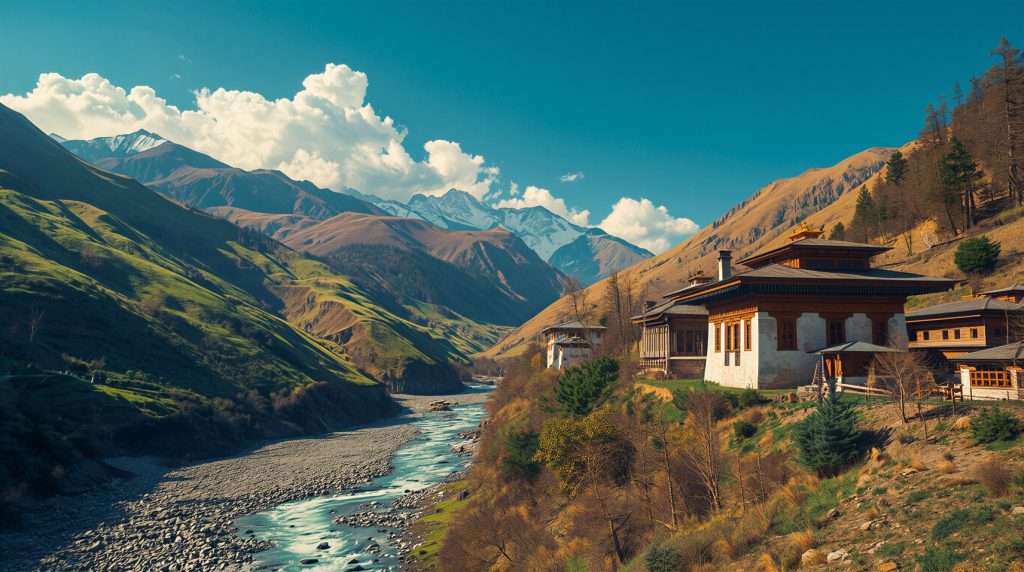 A river flowing through a valley with buildings on a hillside in Bhutan.