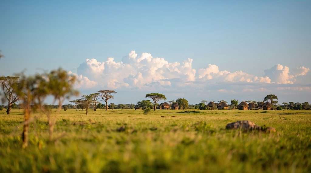 A wide grassy landscape with scattered trees under a blue sky with clouds.