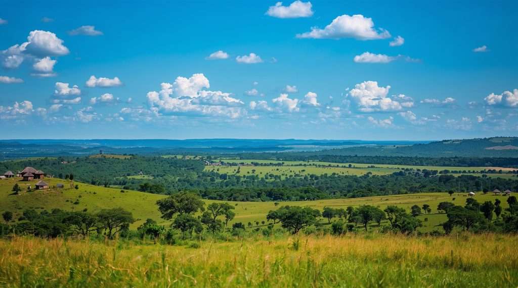 Expansive landscape in Ghana featuring green grasslands and scattered trees under a blue sky with scattered white clouds.