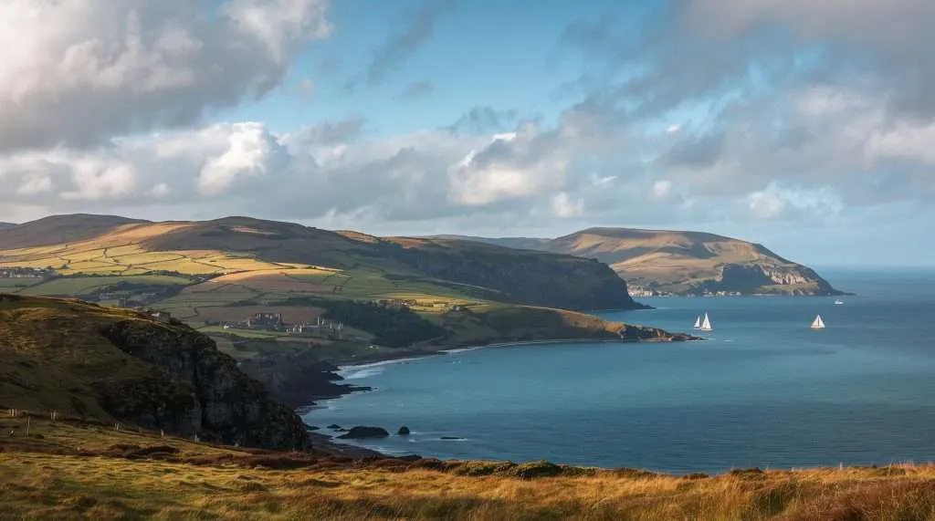 Coastal cliffs and rolling green hills along a sea coastline under a partly cloudy sky, with a few sailboats visible in the water, likely representing a landscape in the British Isles.