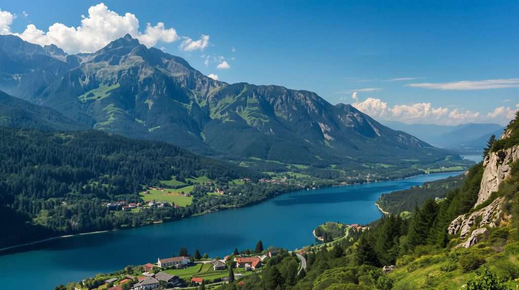 A river runs through a valley surrounded by forested mountains and scattered houses.