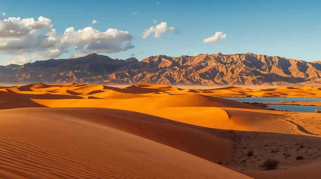 Golden sand dunes with a small body of water and mountains in the background
