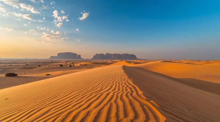 A sandy desert landscape in Saudi Arabia with rippled dunes extending toward a flat-topped mountain range under a partly cloudy sky at sunrise or sunset.