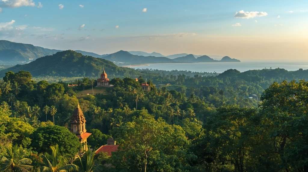 A green forested landscape with hills and distant mountains under a clear sky at sunset.