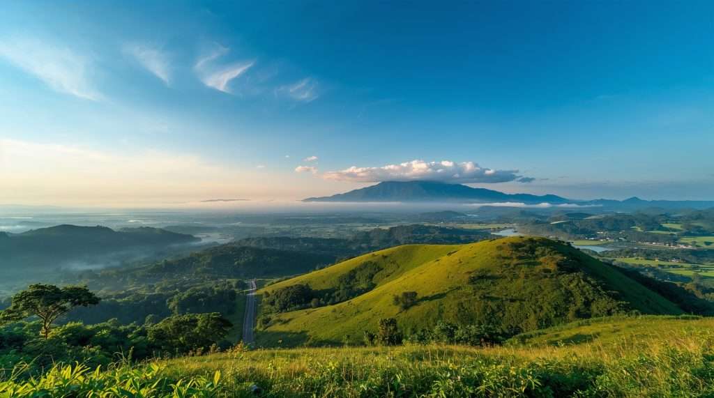 Rolling green hills under a bright blue sky with scattered clouds, overlooking a valley with distant mountains partly covered in mist, suggesting a scenic landscape in Sri Lanka.