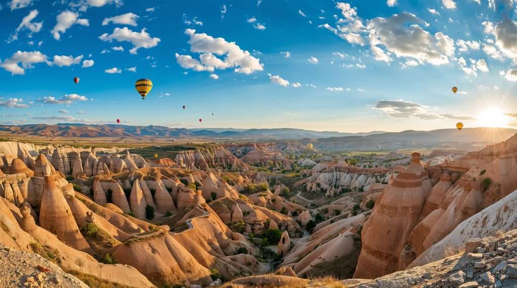 A rocky landscape with unique rock formations and hot air balloons in the sky.