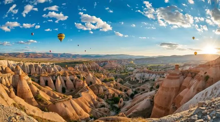 A rocky landscape with unique rock formations and hot air balloons in the sky.
