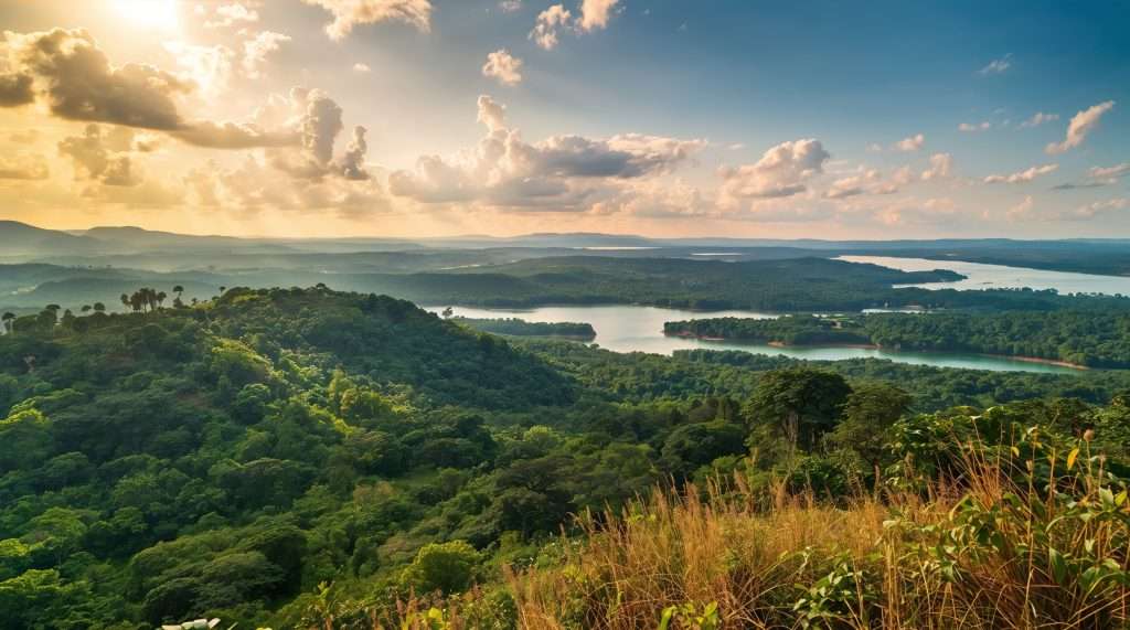 A panoramic view of rolling green hills and scattered trees overlooking a large body of water under a partly cloudy sky in a Ugandan landscape.