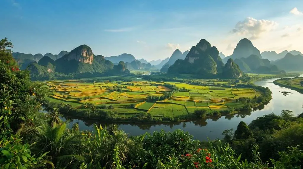Green fields surrounded by river bends and limestone mountains under a clear sky