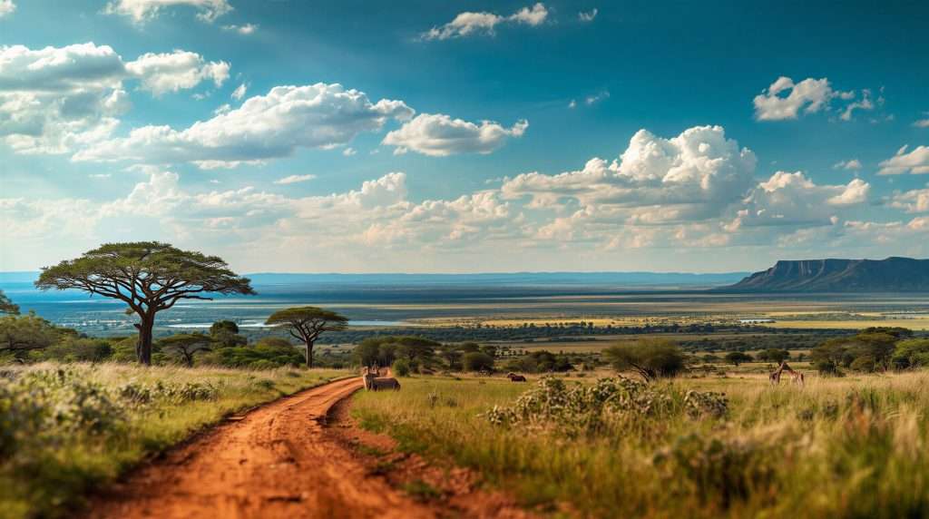 A dirt road winds through grassy plains with scattered trees under a partly cloudy sky.
