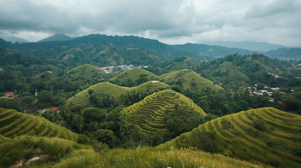 Terraced green hills under a cloudy sky in Indonesia