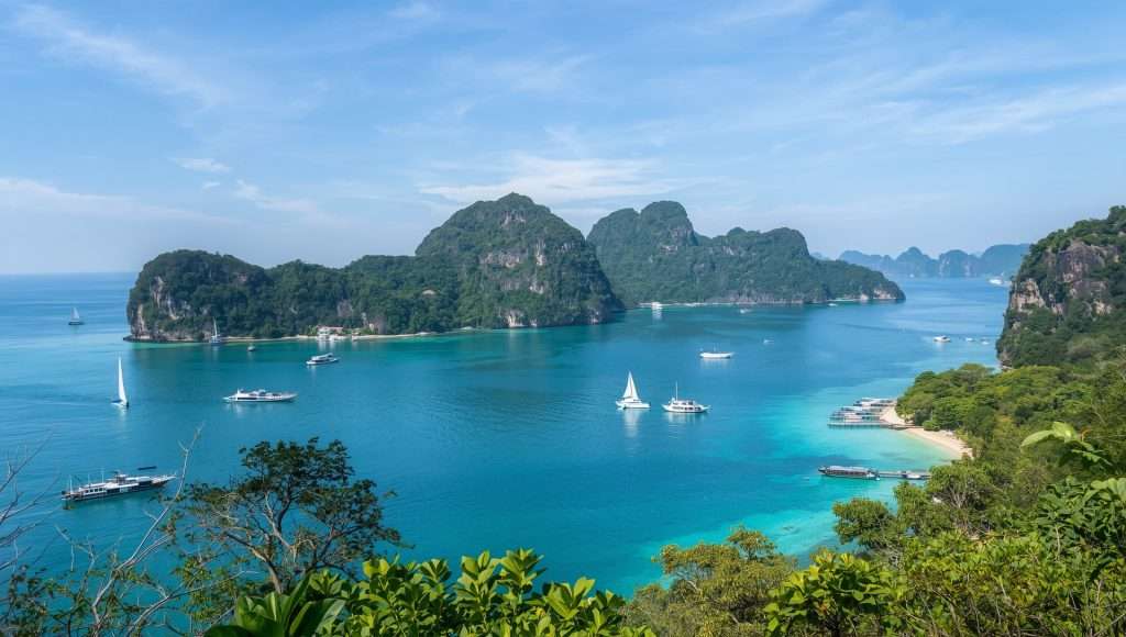 Turquoise water surrounds rocky islands and a sandy beach in Phi Phi Island, Thailand.