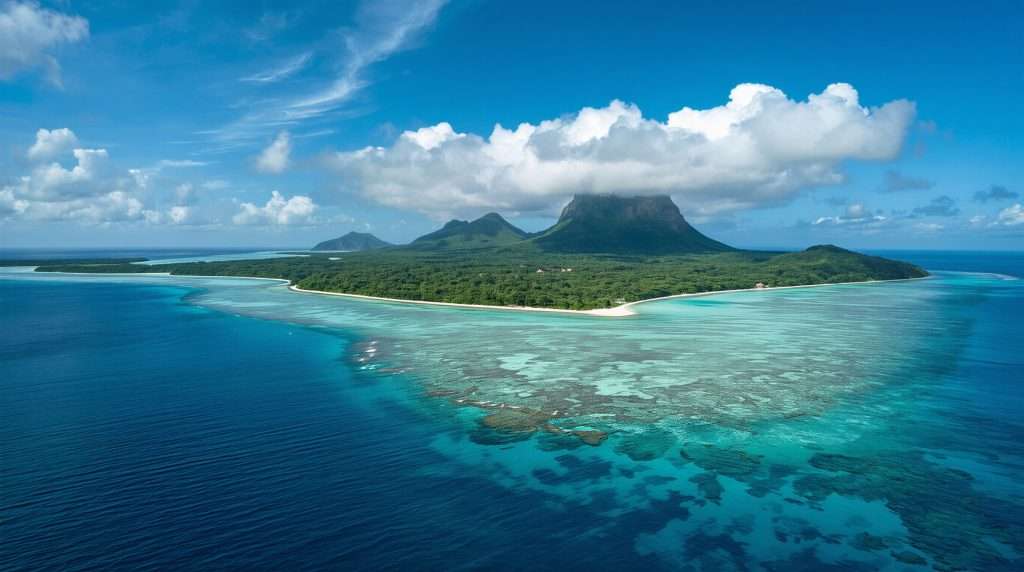 An island with green hills surrounded by clear blue ocean waters and coral reefs.