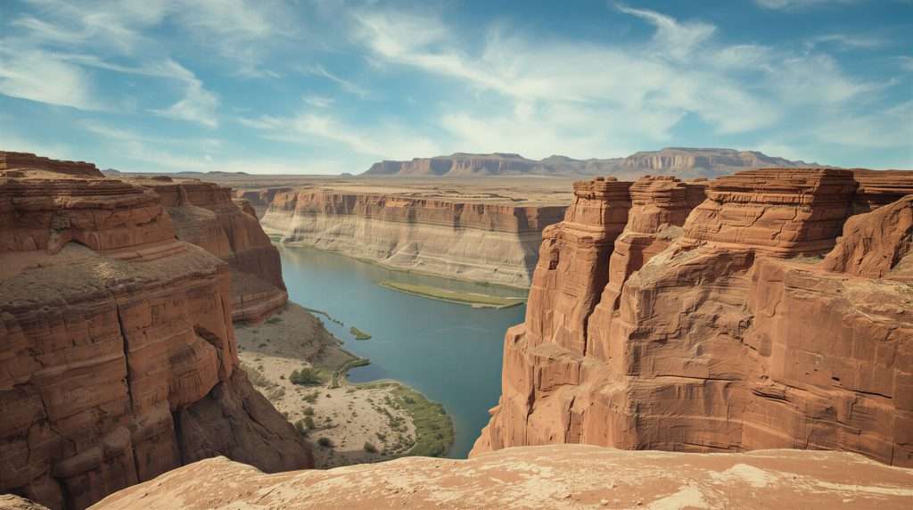 A river flowing between steep red rock cliffs under a clear sky.