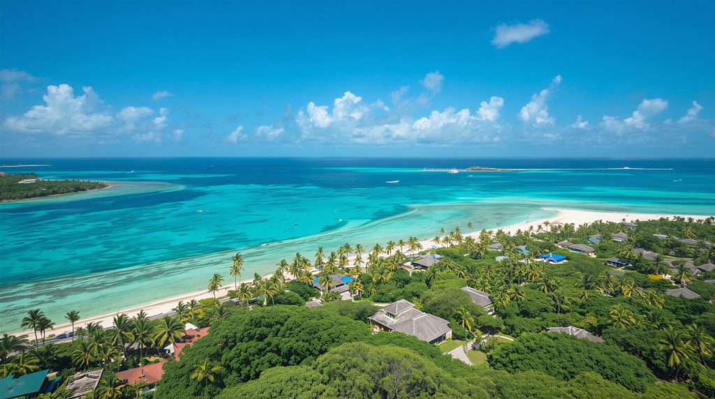 Turquoise ocean waters meet a white sandy beach with greenery in the Bahamas