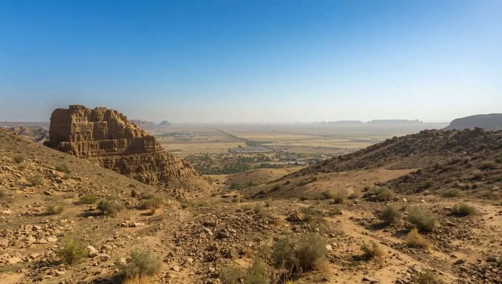 Rocky desert hills overlook a broad valley in Libya.
