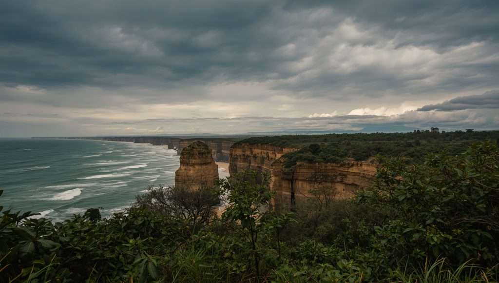 Cliffs overlook the ocean under a cloudy sky in Uruguay.