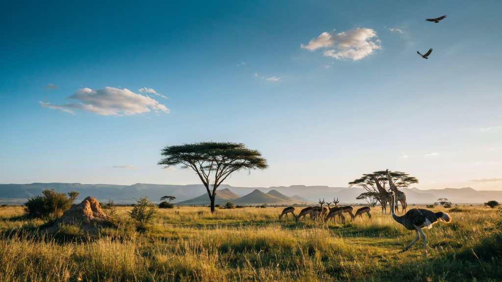 Acacia trees and grazing animals on a grassy plain in South Africa.