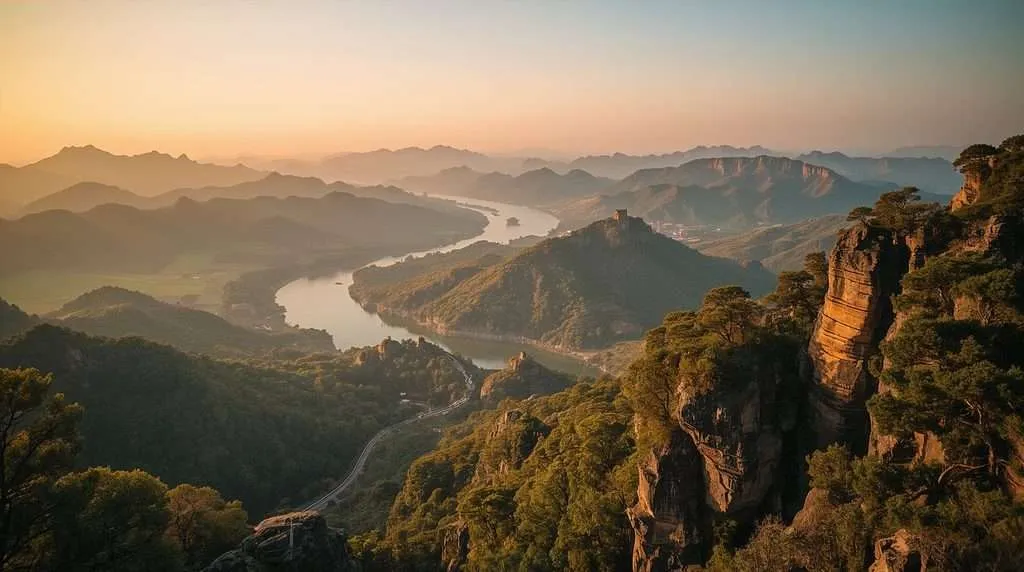 A river winds through green mountains in China.