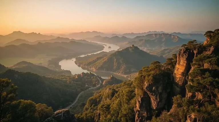 A river winds through green mountains in China.