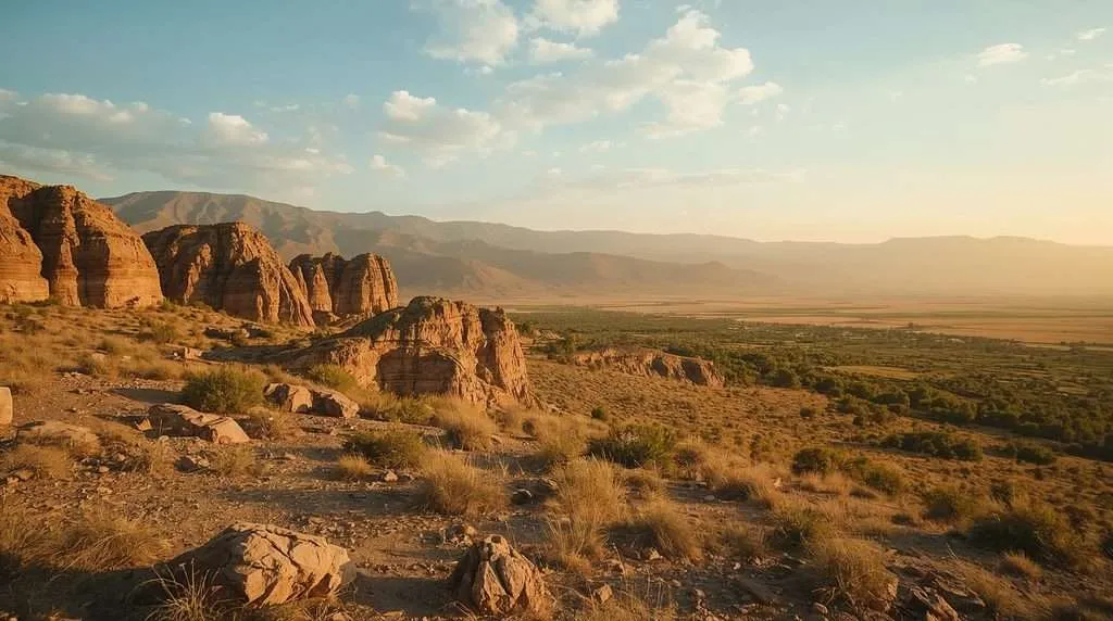 Rocky desert cliffs overlooking a wide valley in Uzbekistan.