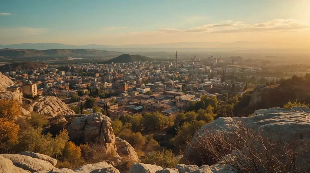 Rocky hills overlook a sprawling cityscape in Azerbaijan.