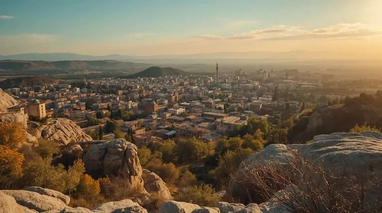 Rocky hills overlook a sprawling cityscape in Azerbaijan.