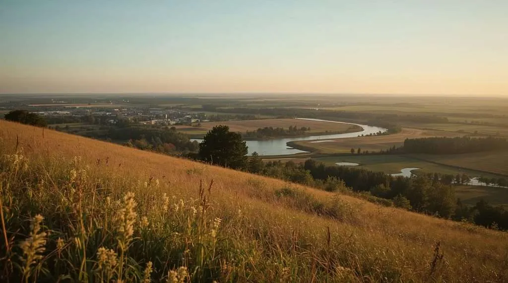 A winding river through fields and hills in Belarus.
