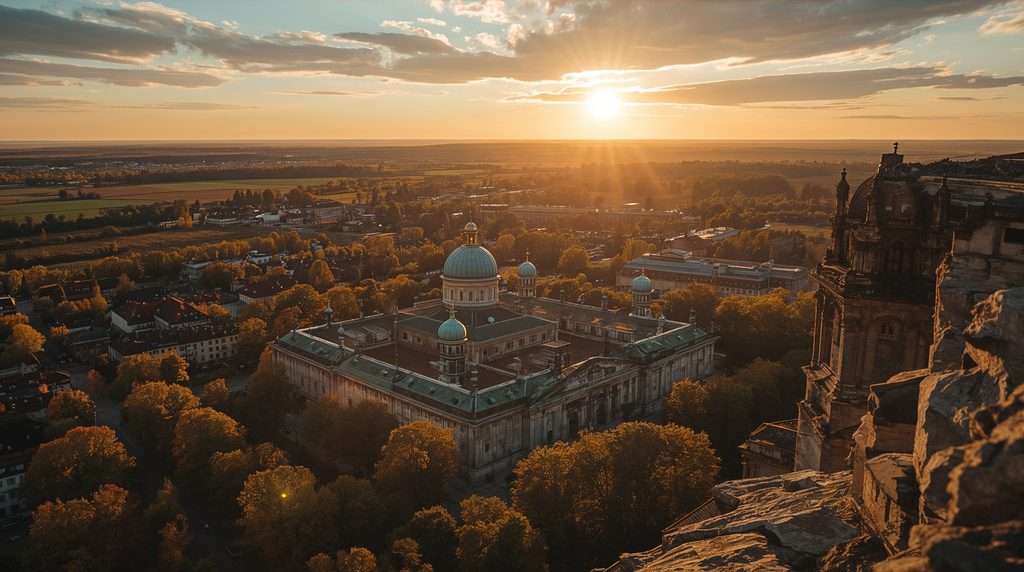 Sunset over a forested city with a domed building in Belarus.