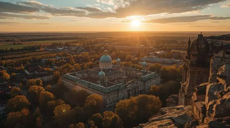 Sunset over a forested city with a domed building in Belarus.