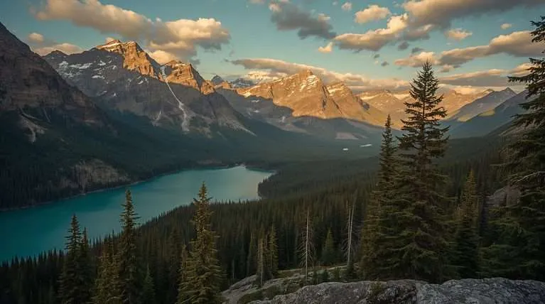 A turquoise lake below forested mountains in Canada.