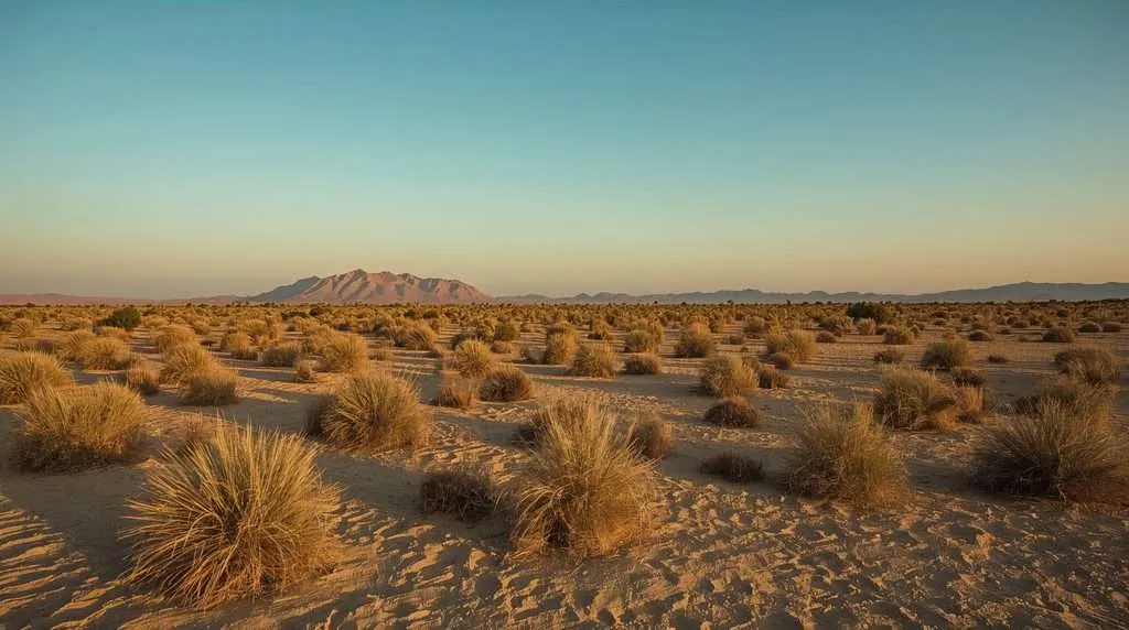 Sparse desert shrubs across a sandy plain under a clear sky.