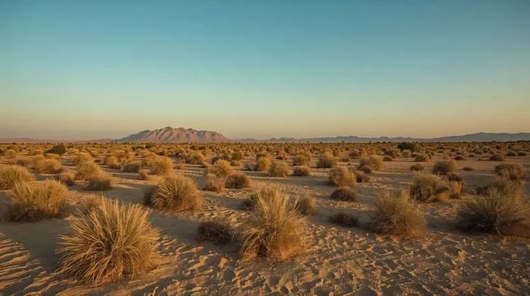 Sparse desert shrubs across a sandy plain under a clear sky.