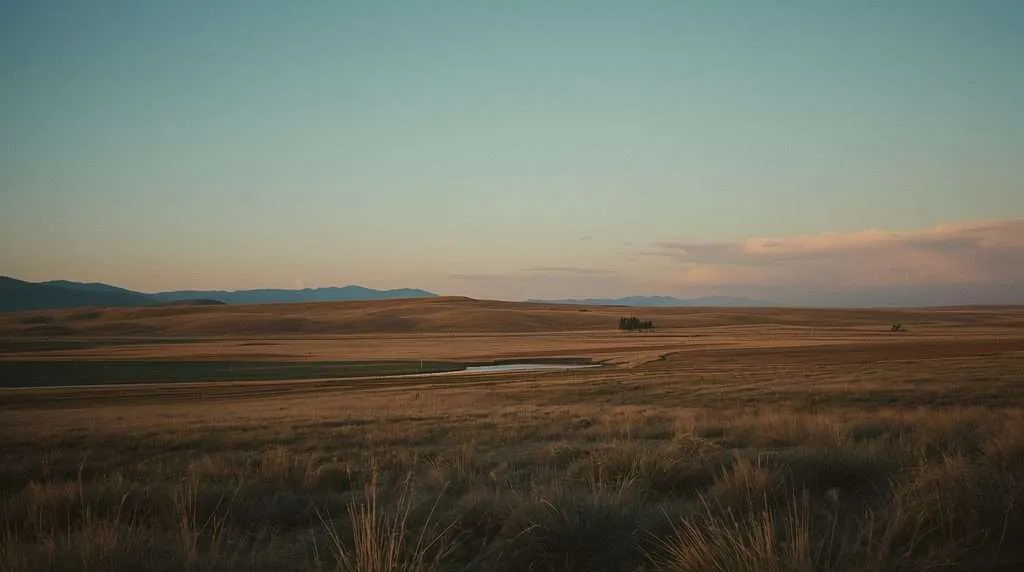 Flat grassland with a small water body under a clear sky in Kazakhstan.