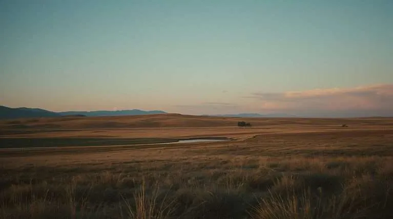 Flat grassland with a small water body under a clear sky in Kazakhstan.