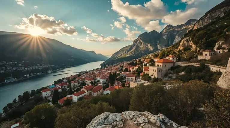 A coastal town beside a bay with mountains in Montenegro.
