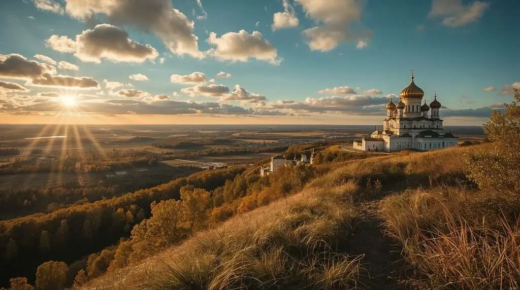 A church with golden domes stands on a hill above a wide valley in Russia.