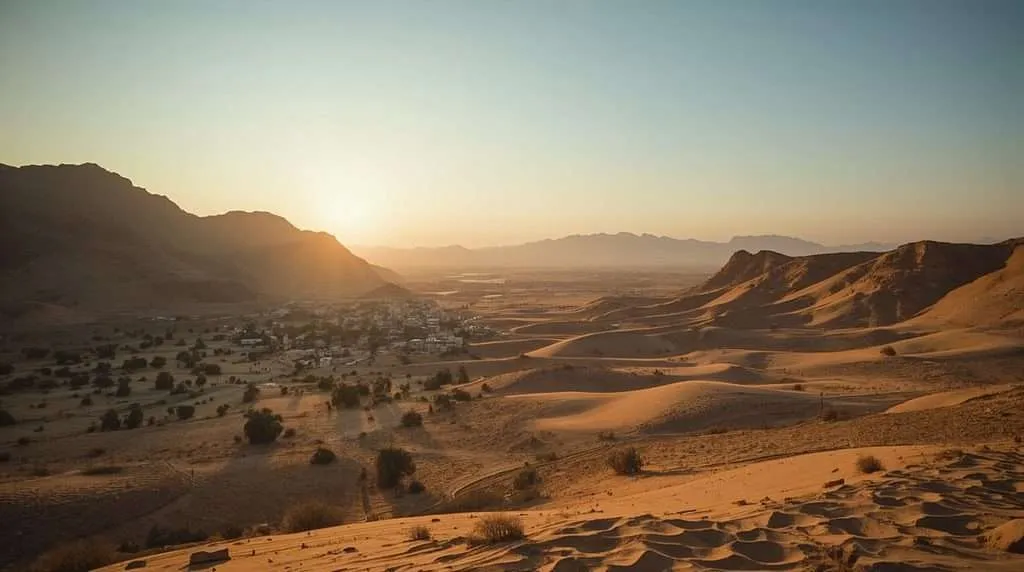 Sand dunes and rocky hills in Saudi Arabia at sunset.