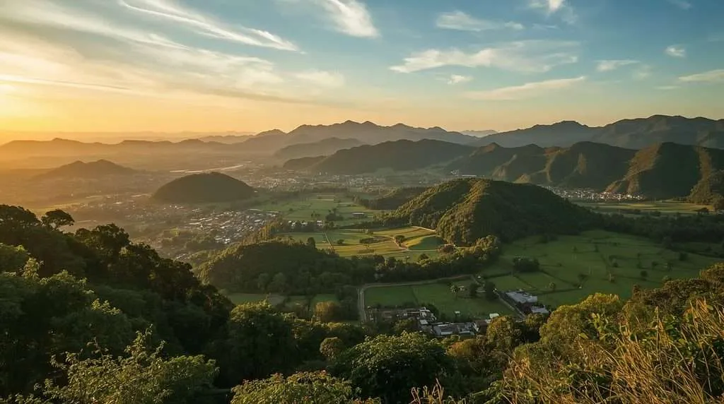 Mountainous green valley at sunset in Thailand.