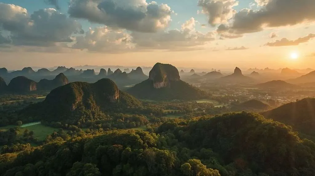 Karst hills and green valleys at sunset in Thailand.