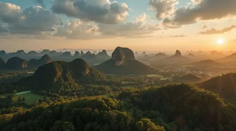 Karst hills and green valleys at sunset in Thailand.