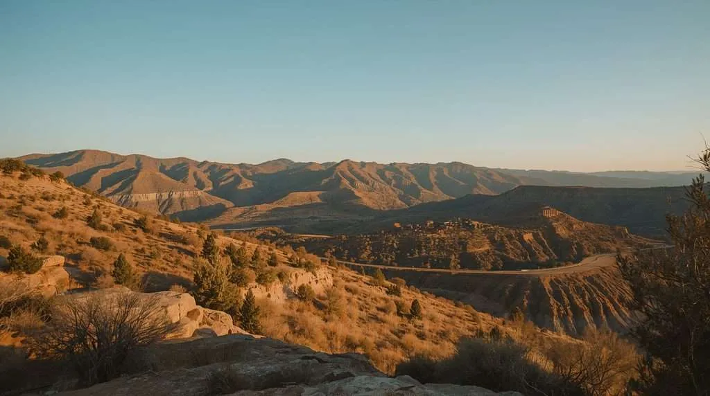 Arid hills and rocky ridges stretch across the landscape in Azerbaijan.