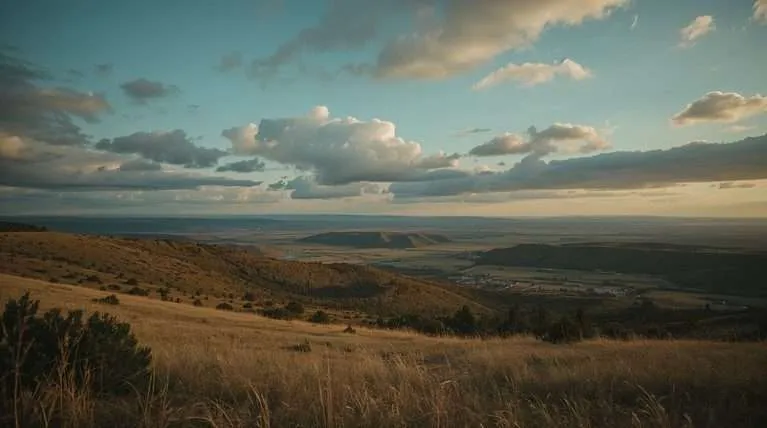 Rolling grassland and a distant river valley in Russia.