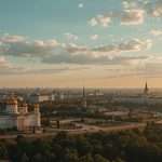 A city skyline with churches and trees in Russia.