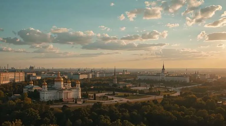 A city skyline with churches and trees in Russia.