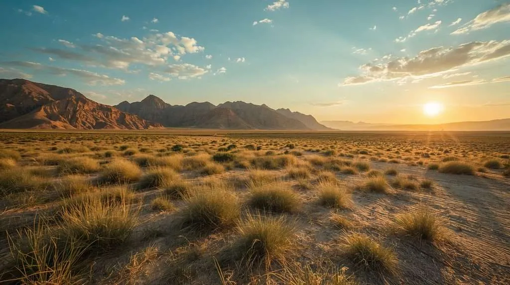 Grassy desert plain with mountains and a setting sun in Turkmenistan.