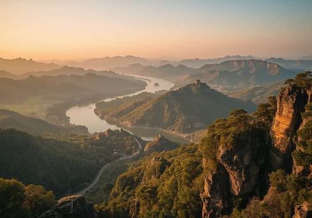 A river winds through green mountains in China.