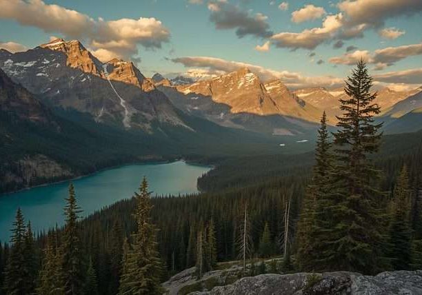A turquoise lake below forested mountains in Canada.