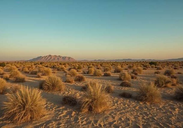 Sparse desert shrubs across a sandy plain under a clear sky.